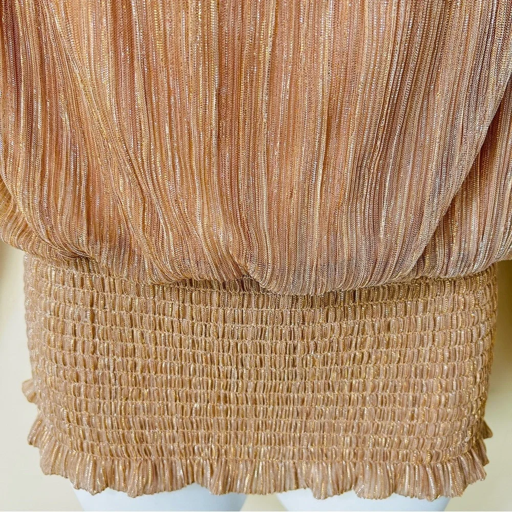 Joie Women’s metallic shimmer long sleeve smocked bottom Rose Gold blouse size M - Picture 4 of 8